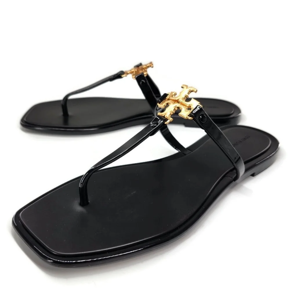 Tory Burch Roxanne Black Jelly Gold Double T Logo T-Strap Slide-On Thong Sandals - Picture 2 of 9